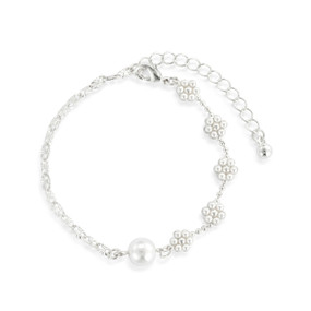 A silver bracelet made of half silver chain and the other half is bundles of small silver beads and one large white bead.