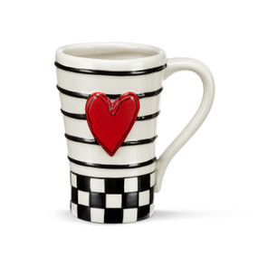 A white ceramic mug with black check at the bottom and black lines around the middle. There is a raised red heart on the front.