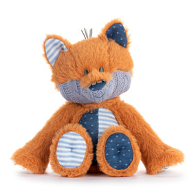 A mini orange plush fox with a knit purple jaw. The fox has dark and light blue ears, tummy and paws.