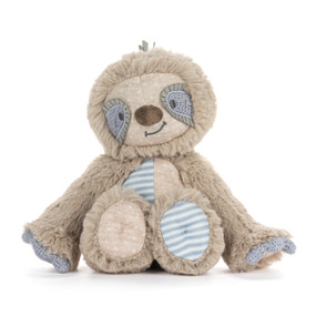 A mini brown and blue plush sloth with knit purple eyes and paws, displayed sitting.