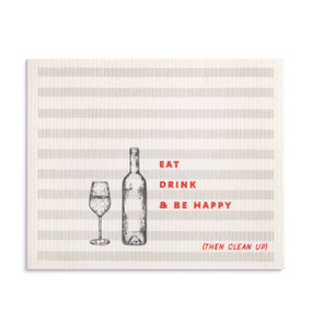 An oversized white and gray striped biodegradable dish cloth with a wine bottle illustration and the saying "Eat Drink & Be Happy (Then Clean Up)".
