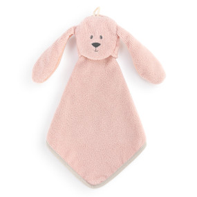 A light pink terrycloth washcloth with the face and long floppy ears of a bunny.
