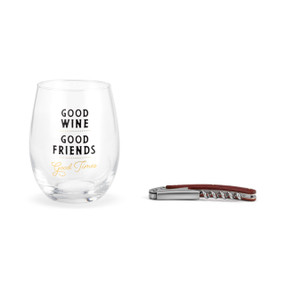 Clear stemless wine glass with the saying "Good Wine Good Friends Good Times" next to a wood handled corkscrew.