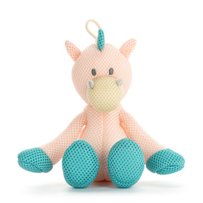 A pink plush bathtime unicorn with teal paws and horn. The unicorn has a hanger at the top.