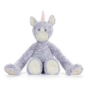 A purple plush unicorn with a heather face, paws and a pink horn. The arms are long and weighted for hugging.