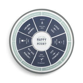 A blue and green round lazy susan with a happy hour theme. The center reads "Why Limit Happy To Just One Hour" and there are questions and conversation starters all around the board.