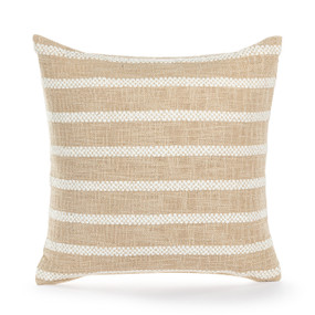 A square light brown pillow with textured cream horizontal stripes.