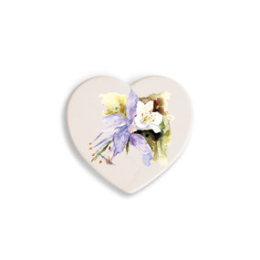 A set of four heart shaped white ceramic coasters with a watercolor image of a columbine.