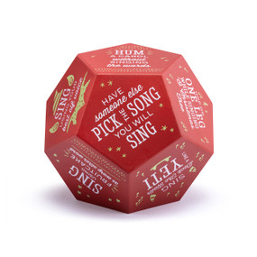 A red 12 sided foam dice with different Christmas karaoke ideas and activities on each side.