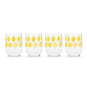 A set of four clear acrylic glasses with an illustrated lemon pattern.