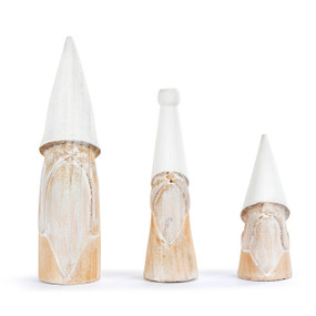 A set of three different carved wood decorative gnome figures. The hats are painted white.