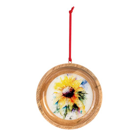 A round wood ornament with a watercolor image of a yellow sunflower.