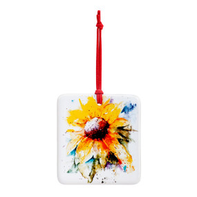 A square ceramic hanging magnet ornament with a watercolor image of a yellow sunflower.