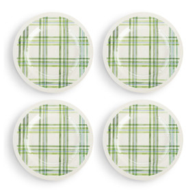 A set of four green and white plaid melamine dinner plates.