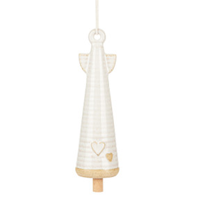 A small, tall thin cream ceramic angel shaped bell with small wings and two hearts at the bottom.