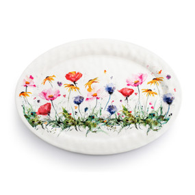 A white oval melamine platter with a watercolor image of colorful wildflowers.