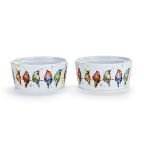 Two white ceramic ramekins with a watercolor image of hummingbirds on a wire, displayed at a slight angle to show the inner rim for stacking.