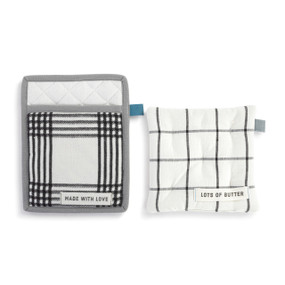 A set of two different hotpads in gray and white. One has a pocket and says "Made With Love" and the other is smaller and square and says "Lots of Butter".
