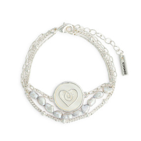 A three strand silver bracelet with a round heart charm and a lobster clasp.