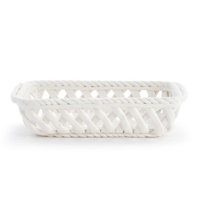 White ceramic rectangular woven pattern basket.