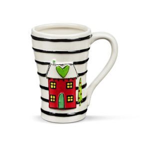 A white ceramic mug with horizontal black stripes. There is a raised red house on the front with a green heart.