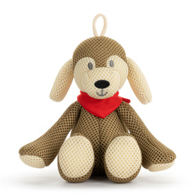 A brown and tan plush bathtime puppy wearing a red neckerchief. The puppy has a hanger at the top.