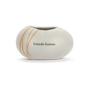 A mini cream ceramic planter. It has vertical gold lines and the saying "friends forever" on the front.