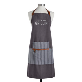 A dark gray apron with a gray striped pocket. The apron says "Let's Get Grillin'" and is displayed on a mannequin.