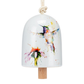A white mini ceramic bell with a wood clapper. The bell has a watercolor image of a hummingbird and flower on it.