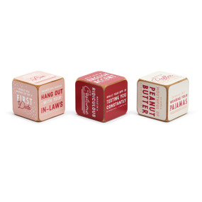 A set of three wood dice with red, white and pink backgrounds and text asking different scenario questions when rolled together.