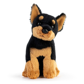 A black and tan plush Doberman Pincher sitting down.
