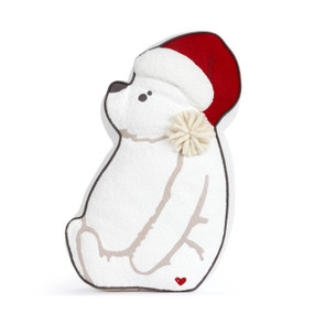 A white Pooh shaped pillow with him wearing a red Santa hat with a white yarn pom at the end.