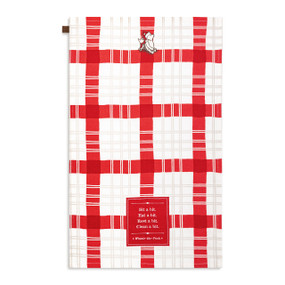 A red and white kitchen towel with an illustration of Pooh and Piglet that says "Sit a bit. Eat a bit. Rest a bit. Clean a bit.", displayed laid out flat.
