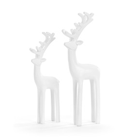 Two white resin standing reindeer figures in different sizes, displayed angled to the left.