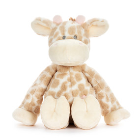 A plush cream and tan giraffe with light pink horns and heart on its tummy.