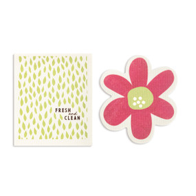 Two dark pink and green biodegradable dish cloths. One is flower shaped with an illustrated dark pink flower and the other is white with light green spots and the saying "Fresh and Clean".