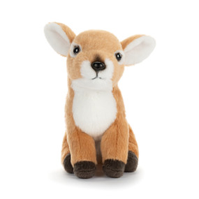 A light brown and white plush sitting fawn with white spots on its back.