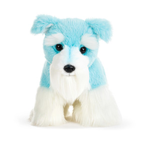 A teal and white plush schnauzer dog.
