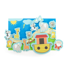 A two sided bath playmat in a Noah's Ark theme. There are individual pieces of Noah, the ark and pairs of animals.