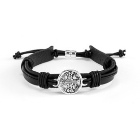 A black adjustable men's bracelet with a round silver charm of a cross.