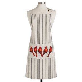 A gray and cream vertical stripe full apron with a cream pocket that has a watercolor image of red cardinals, displayed on a mannequin.