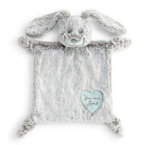 A gray plush blankie with a gray and light blue bunny face and floppy ears. The blankie has a heart shaped light blue fabric patch that reads "You are so Loved".