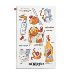A white fabric towel with colorful illustrations and instructions for "The Best Old Fashioned Recipe".