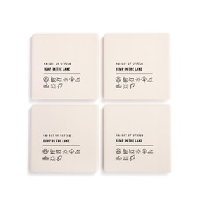 A set of four white ceramic coasters with the saying "RE: Out of Office Jump in the Lake" with a set of emoji images related to lake living.