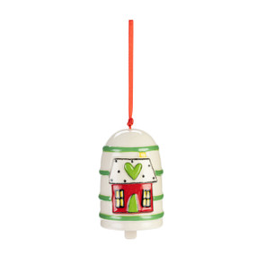 A white ceramic bell with horizontal green lines and a raised red house on the front.