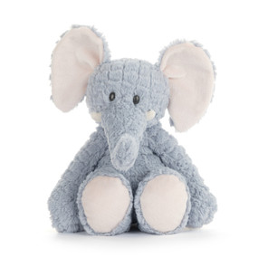 A light blue plush elephant with white paws and large ears.