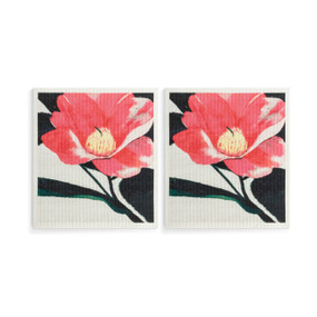 Two biodegradable dish cloths with a pink camellia tsubaki flower. The artwork is inspired by ArtLifting artist Midori.