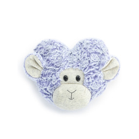 A heart shaped weighted pillow with the face and ears of a monkey. The pillow is plush light purple with heather fabric for the face and ears.