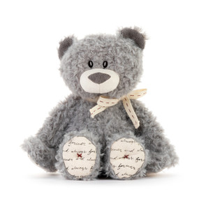 A gray plush teddy bear with a cream nose and paws. He has writing on his paws and a cream ribbon tied around his neck.