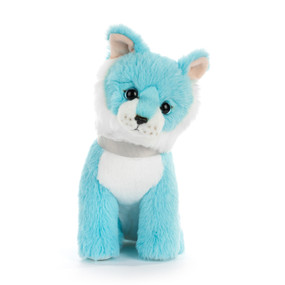 A teal and white plush small cat.